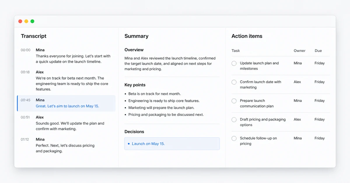 Hereon flow from speaker-aware transcript to decisions and action items